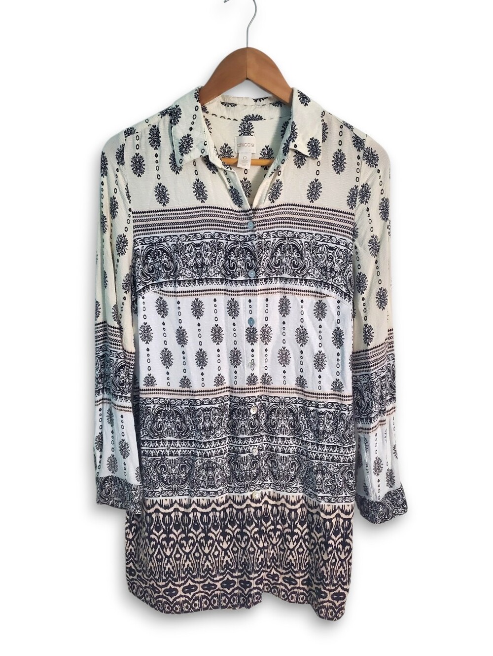 Chico's Button-down Tunic Top, Size S Damask Pattern